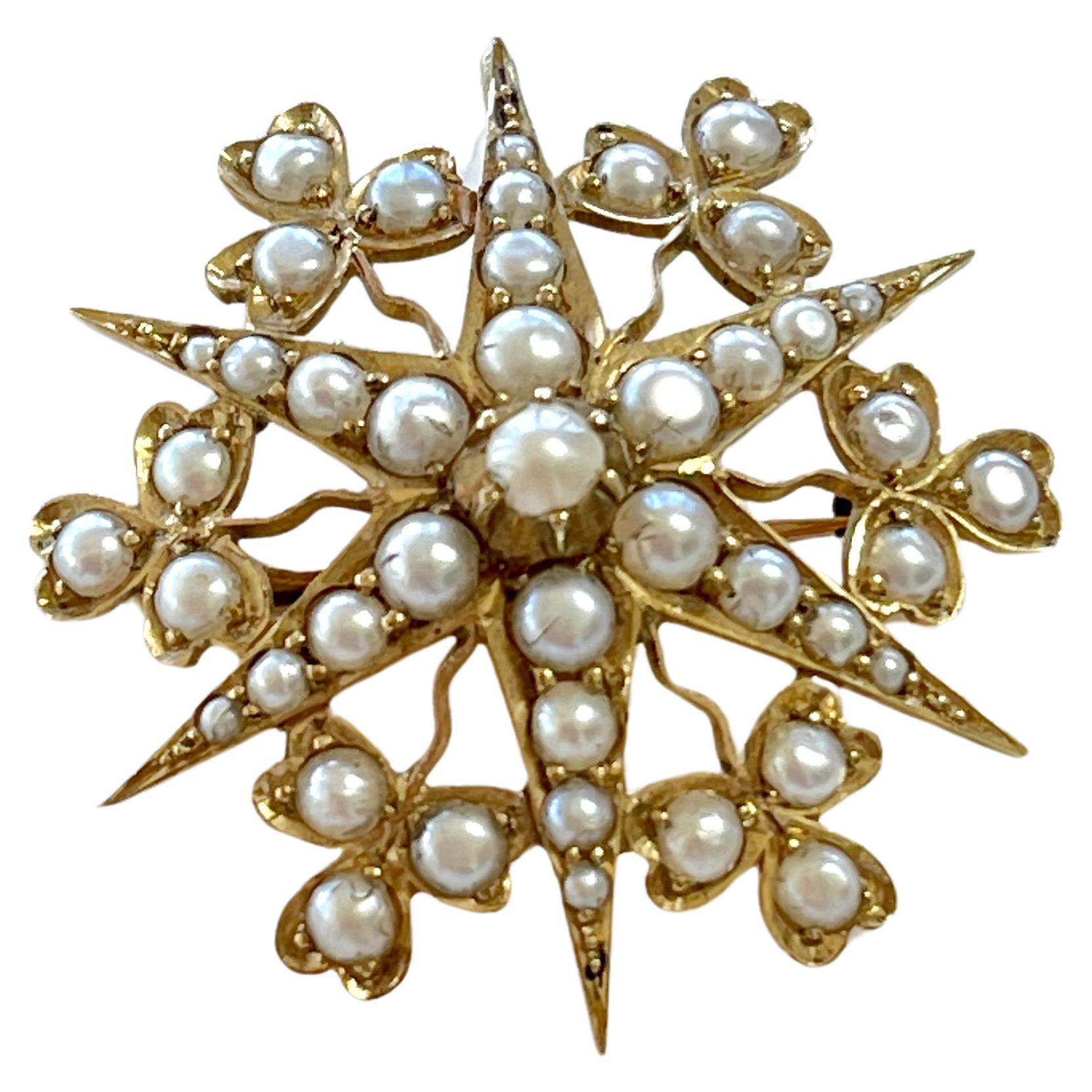 Edwardian c1905 Split Perle Starburst Herz Brosche 15ct Gelbgold 