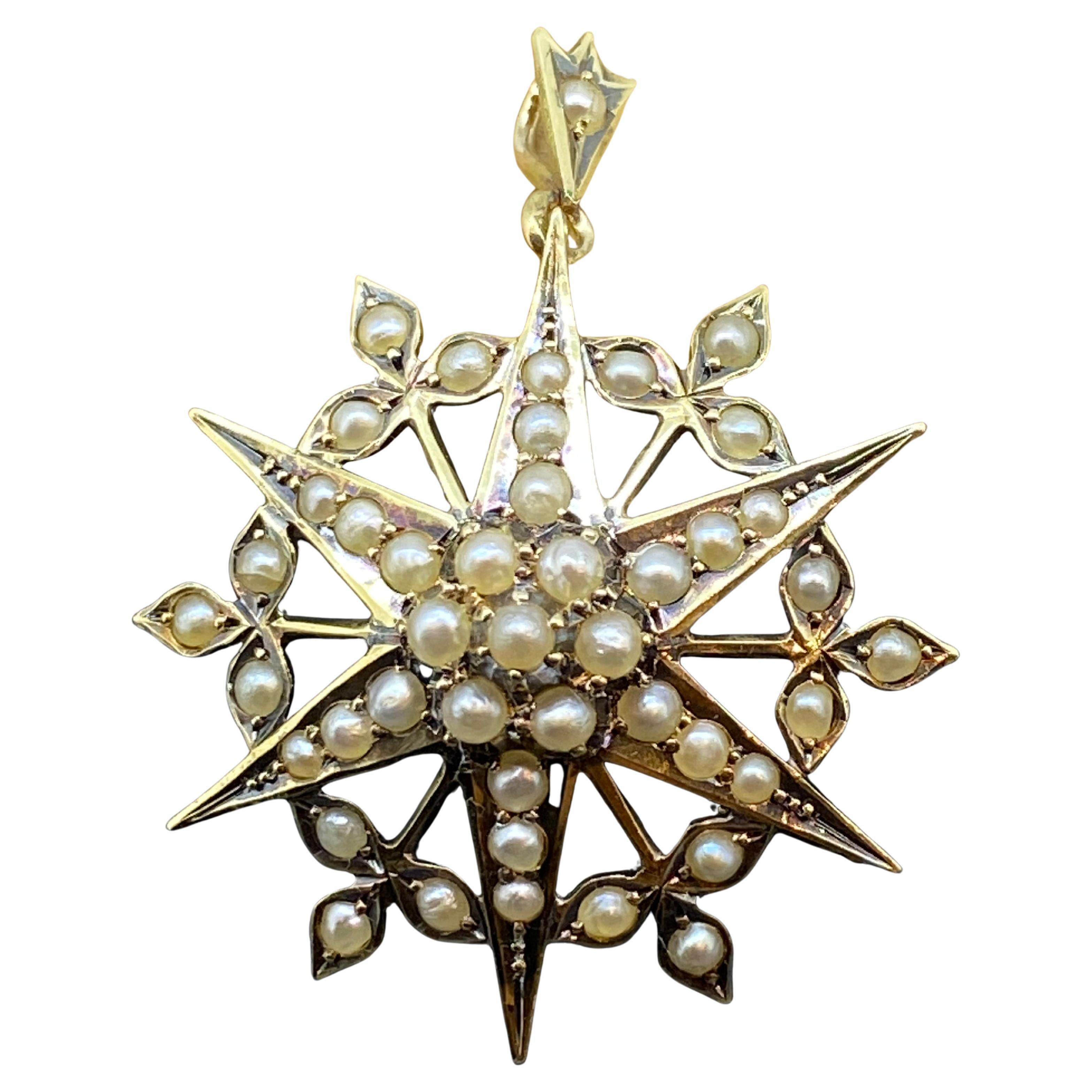 Broche/pendentif édouardien en or 15 carats et perles de rocaille en étoile, c1905, Willis 
Sons