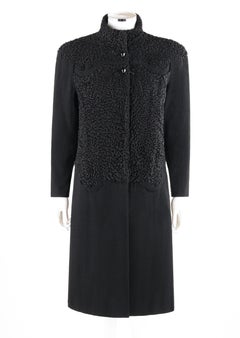 EDWARDIAN c.1910’s Black Persian Lamb on Wool Art Deco Detail Coat Overcoat