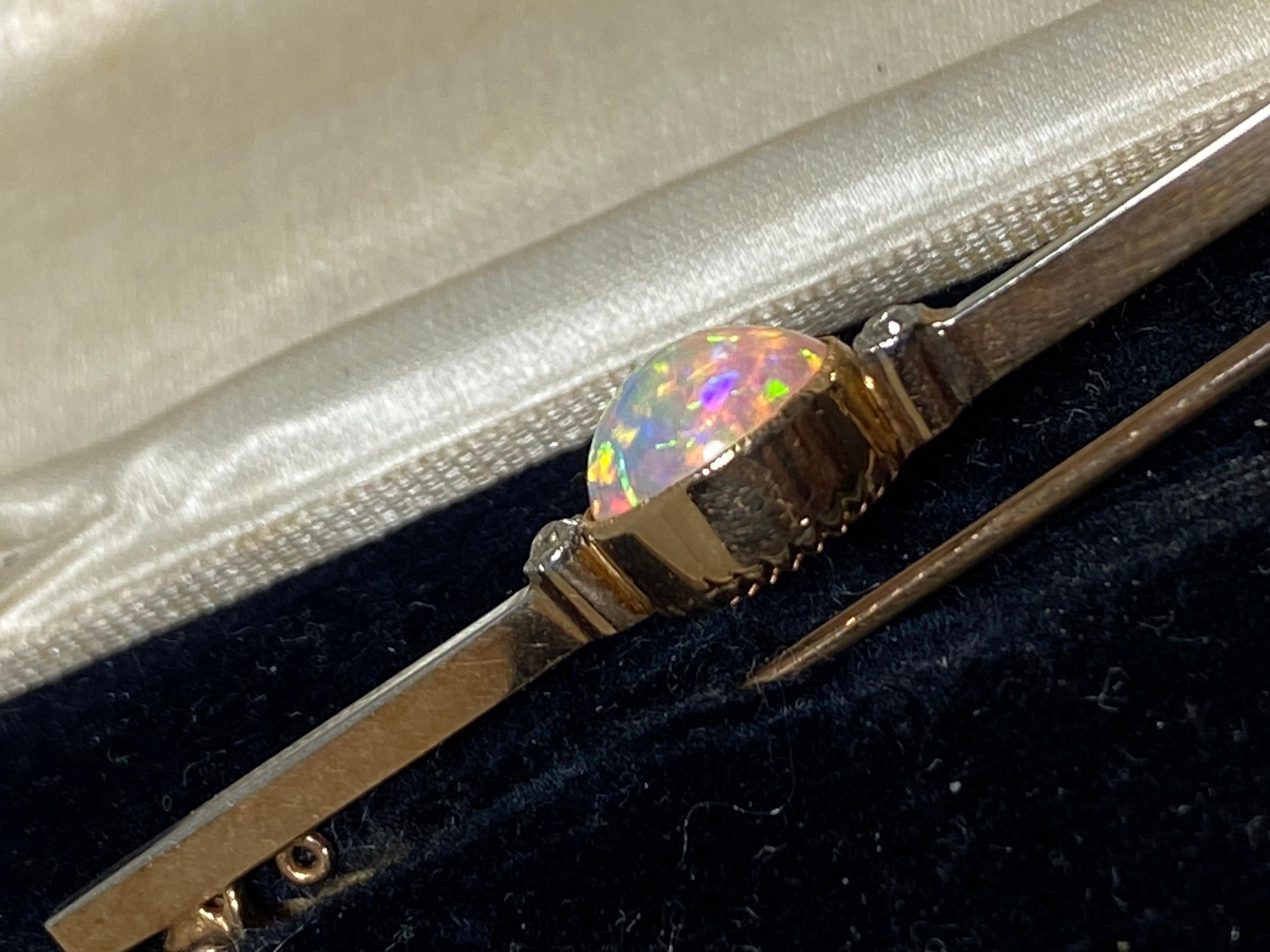 Oval Cut Edwardian c1920's Semi-Black Crystal Opal, Old-Cut Diamond, 15K Gold Bar Brooch For Sale