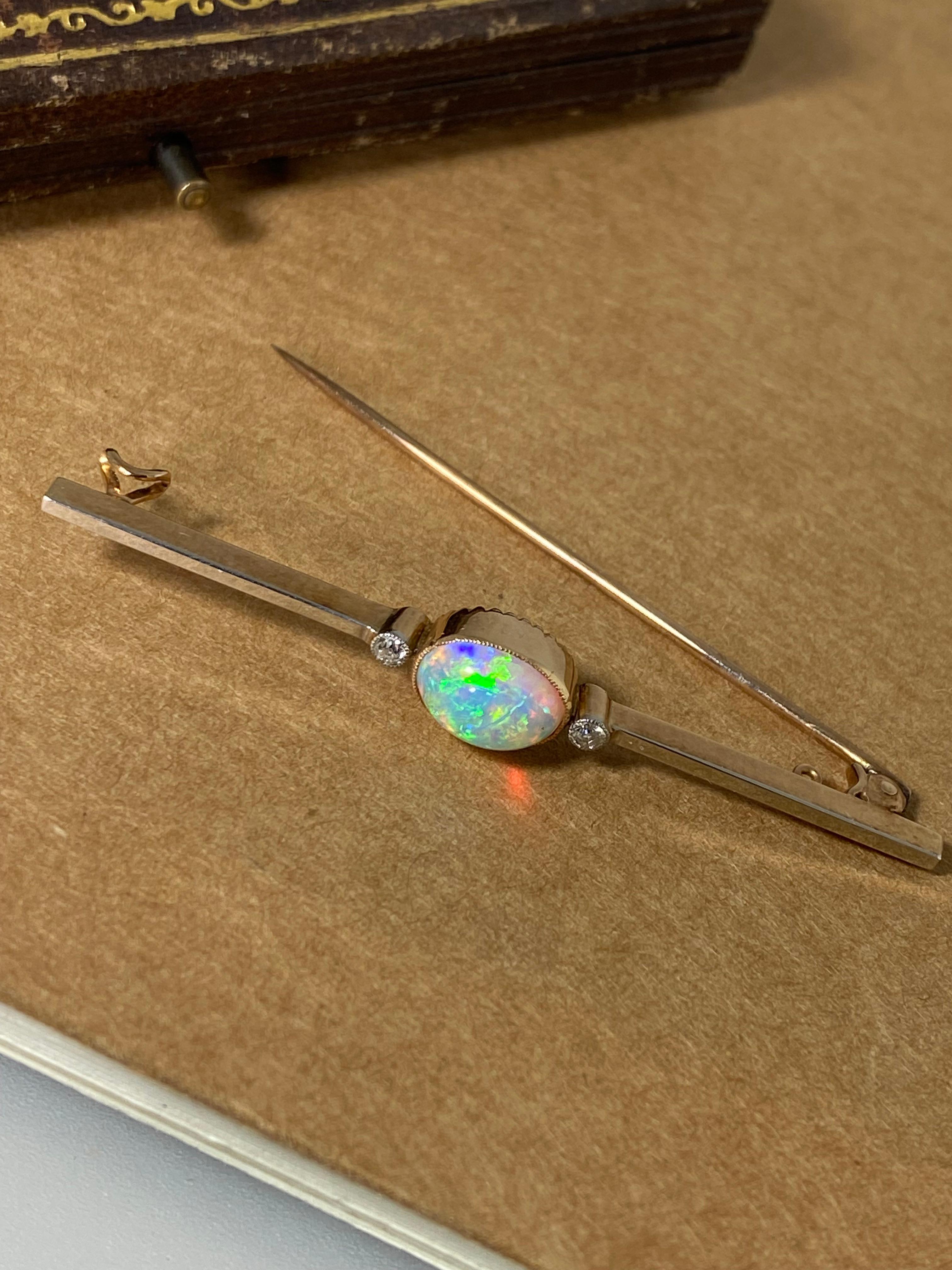 Women's Edwardian c1920's Semi-Black Crystal Opal, Old-Cut Diamond, 15K Gold Bar Brooch For Sale