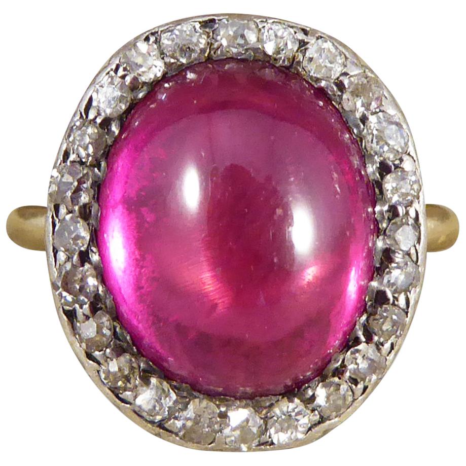 Edwardian Cabochon Crown Synthetic Ruby and Diamond Cluster Ring in 18 Carat