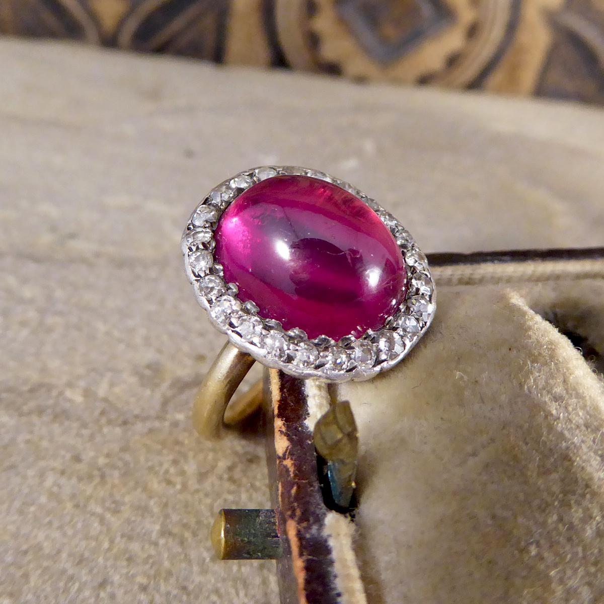 Edwardian Cabochon Crown Synthetic Ruby and Diamond Cluster Ring in 18 Carat 3