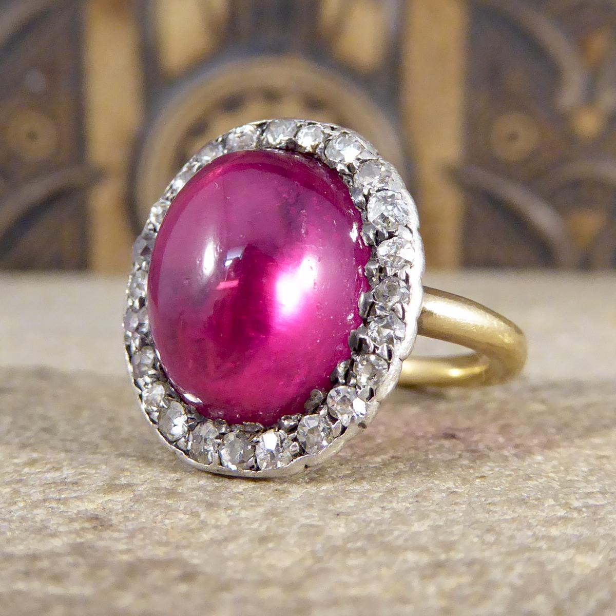 Old Mine Cut Edwardian Cabochon Crown Synthetic Ruby and Diamond Cluster Ring in 18 Carat