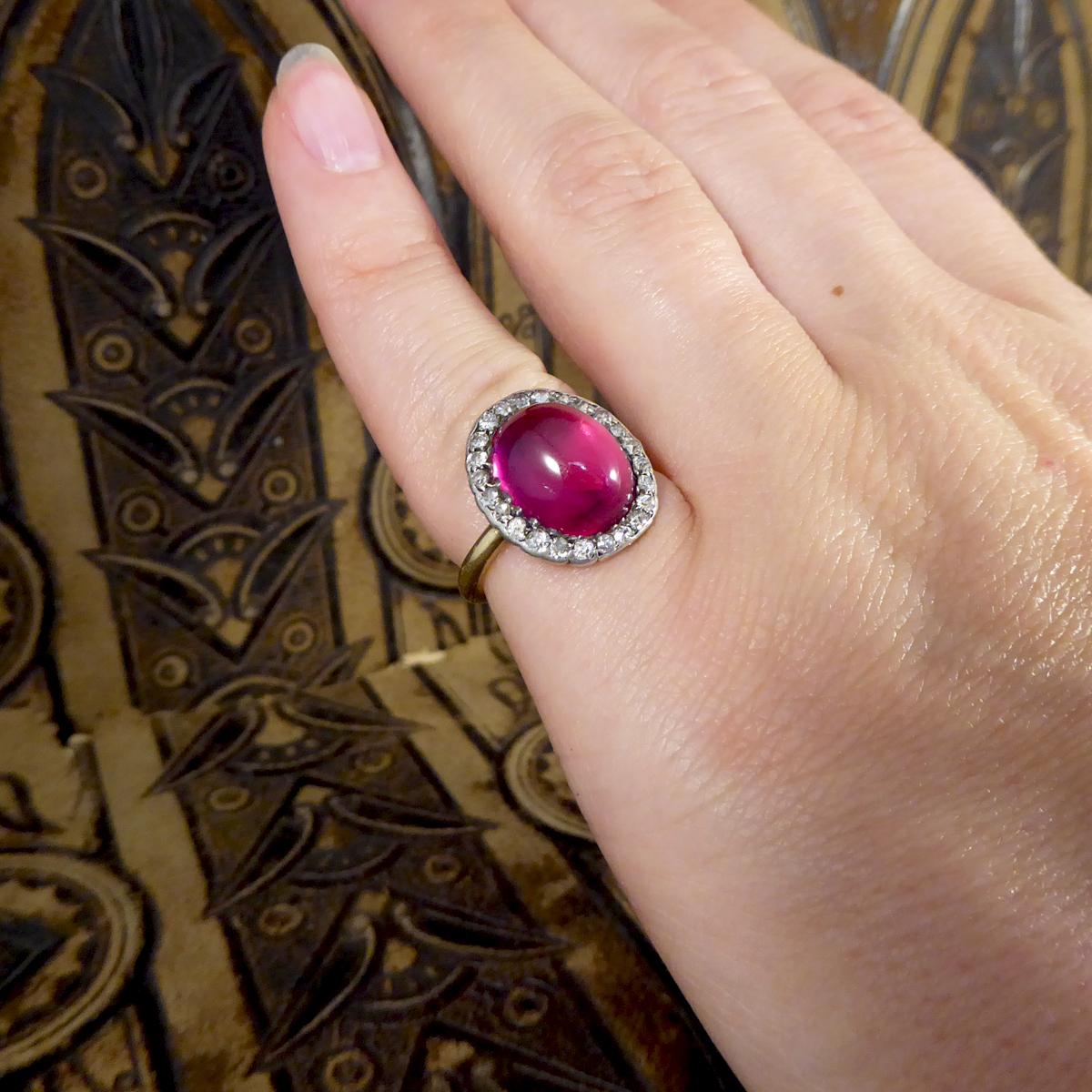 Edwardian Cabochon Crown Synthetic Ruby and Diamond Cluster Ring in 18 Carat In Good Condition In Yorkshire, West Yorkshire