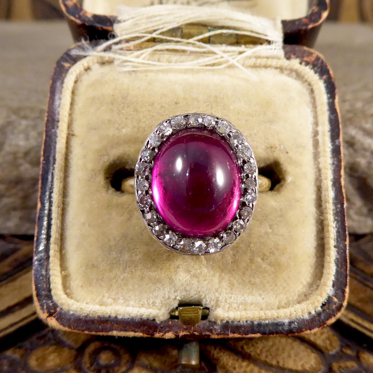 Women's or Men's Edwardian Cabochon Crown Synthetic Ruby and Diamond Cluster Ring in 18 Carat