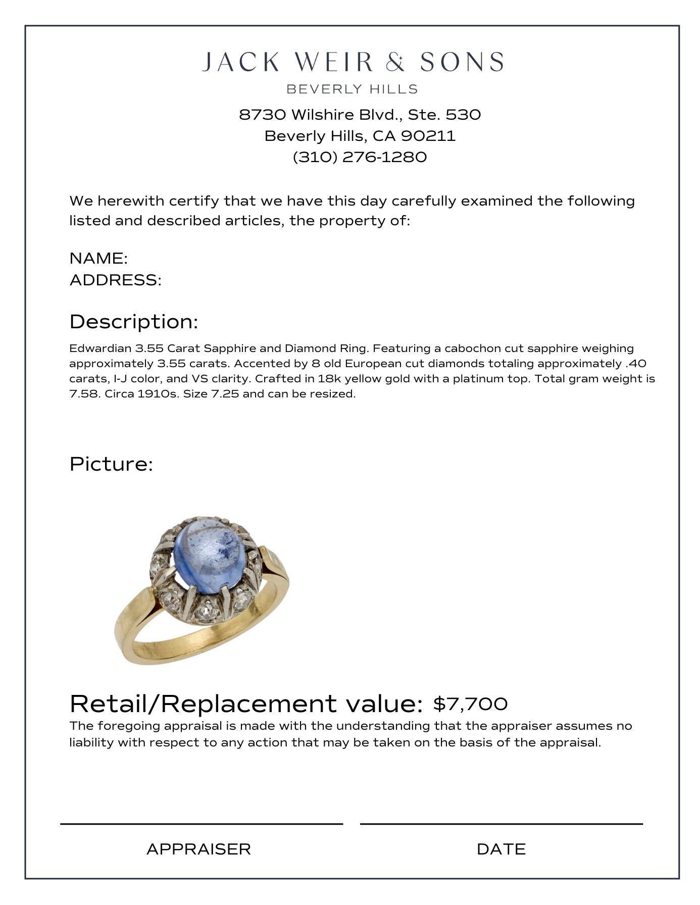 Bague édouardienne en or jaune 18 carats et platine, diamants et saphir cabochon taille cabochon Bon état - En vente à Beverly Hills, CA
