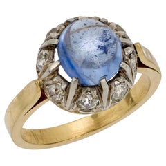 Edwardian cabochon cut sapphire diamond 18k yellow gold and platinum ring