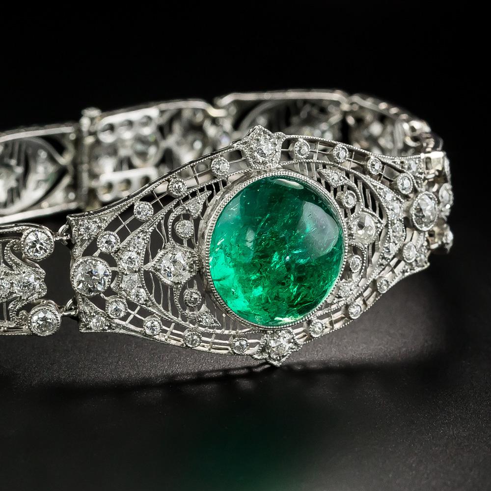 Edwardian Cabochon Emerald and Diamond Bracelet In Excellent Condition For Sale In San Francisco, CA