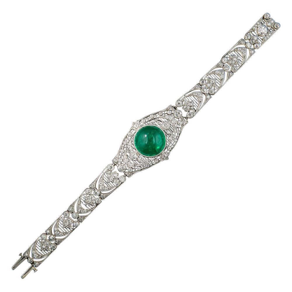 Edwardian Cabochon Emerald and Diamond Bracelet