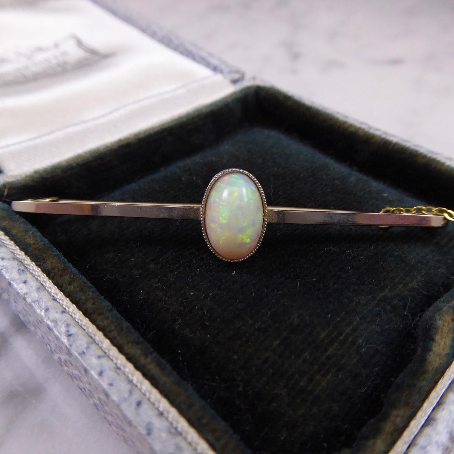 Women's Edwardian Cabochon Opal Bar Brooch in Platinum-Topped 15ct Gold