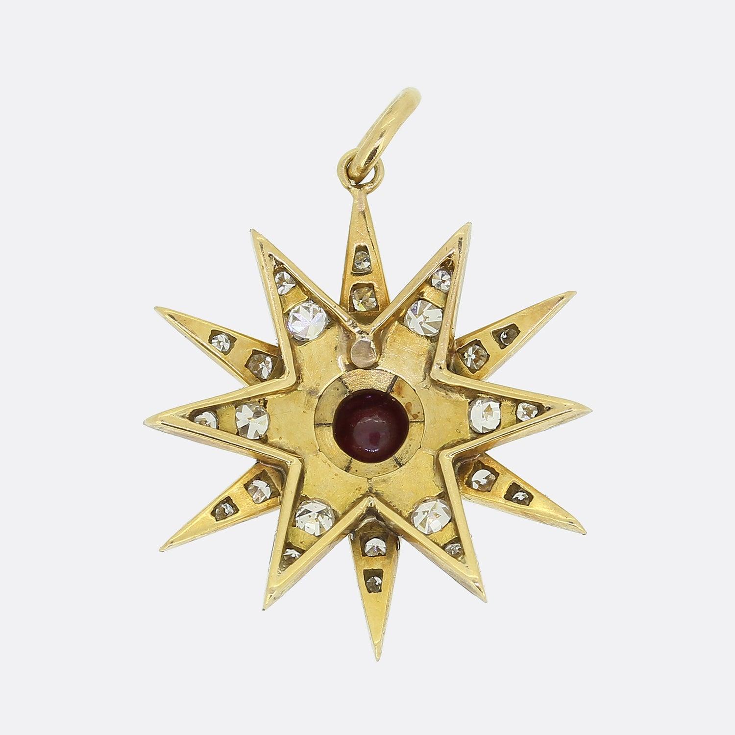 Here we have a wonderful ruby and diamond star pendant dating back to the Edwardian era. This antique piece has been crafted from 18ct yellow gold into the shape of a 12 pointed star. Each channel has been tipped in platinum and set with an array of