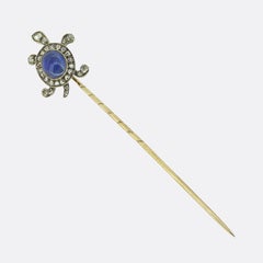 Edwardian Cabochon Sapphire and Diamond Tortoise Stick Pin