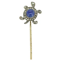 Edwardian Cabochon Sapphire and Diamond Tortoise Stick Pin