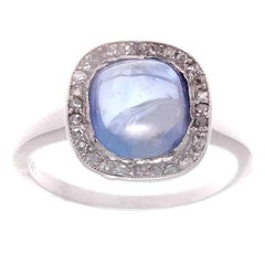 Edwardian Cabochon Sapphire Diamond Platinum Engagement Ring