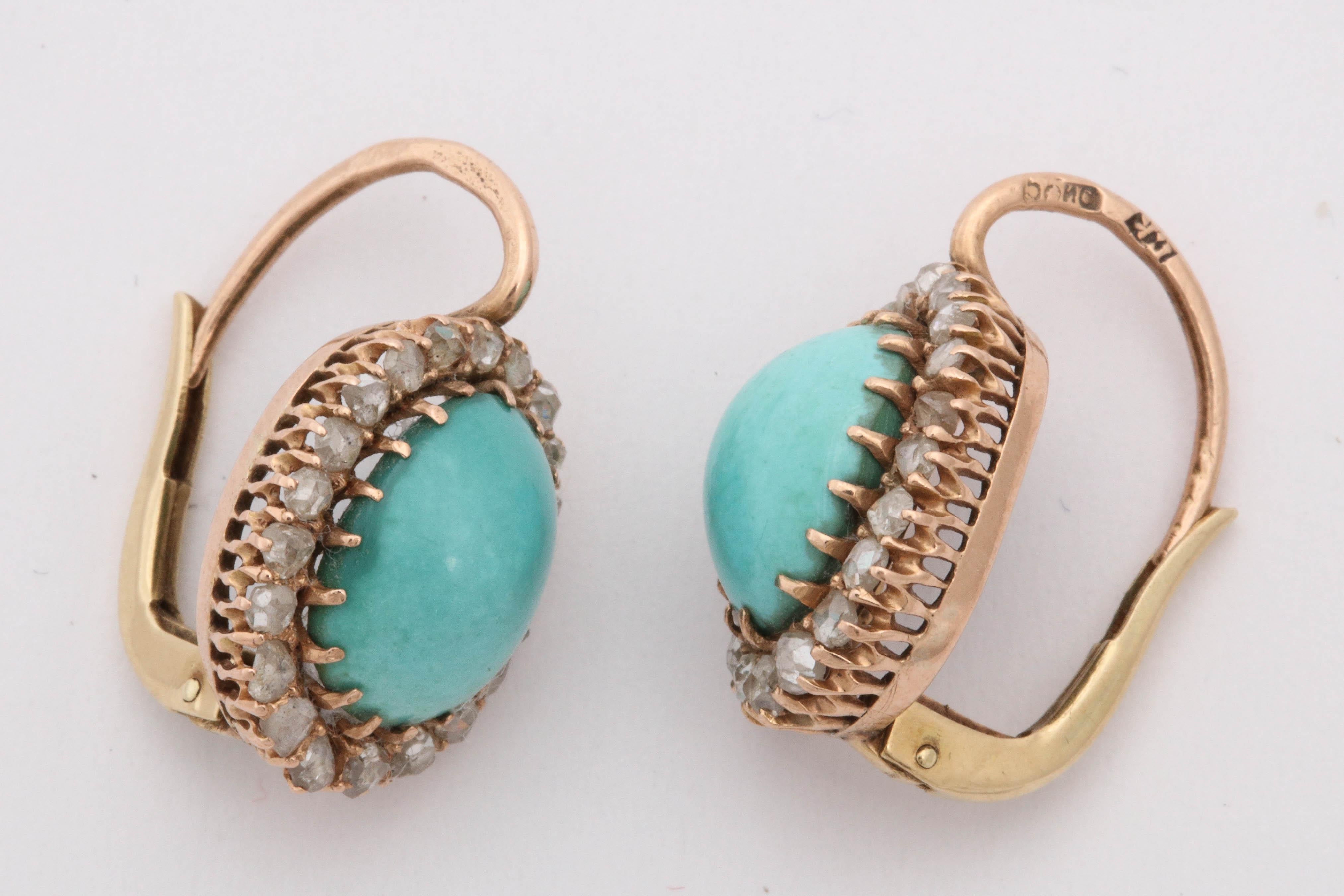 Oval Cut Edwardian Cabochon Turquoise with Rose Diamonds Gold French Back Drop Earrings