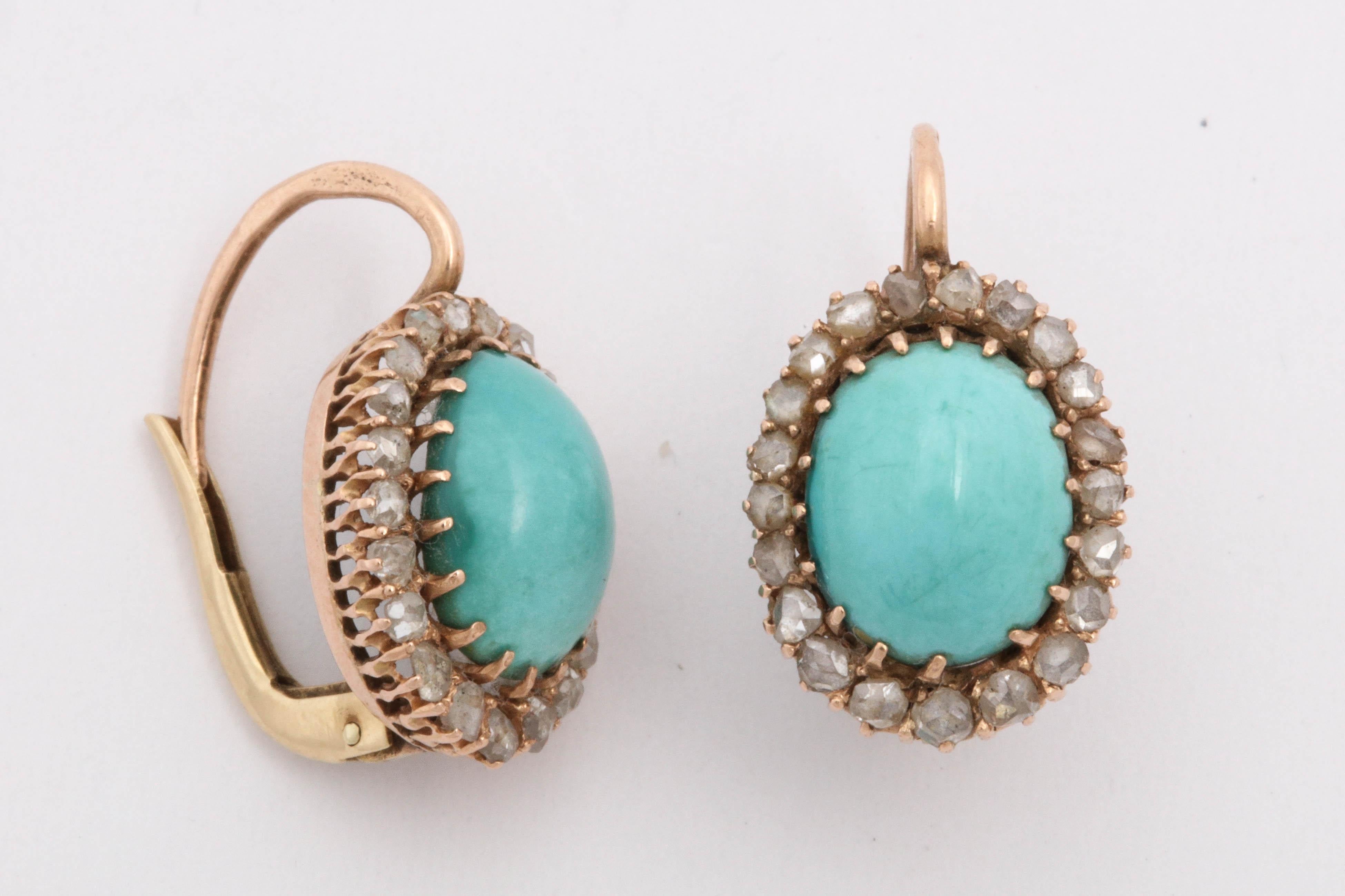 Women's Edwardian Cabochon Turquoise with Rose Diamonds Gold French Back Drop Earrings
