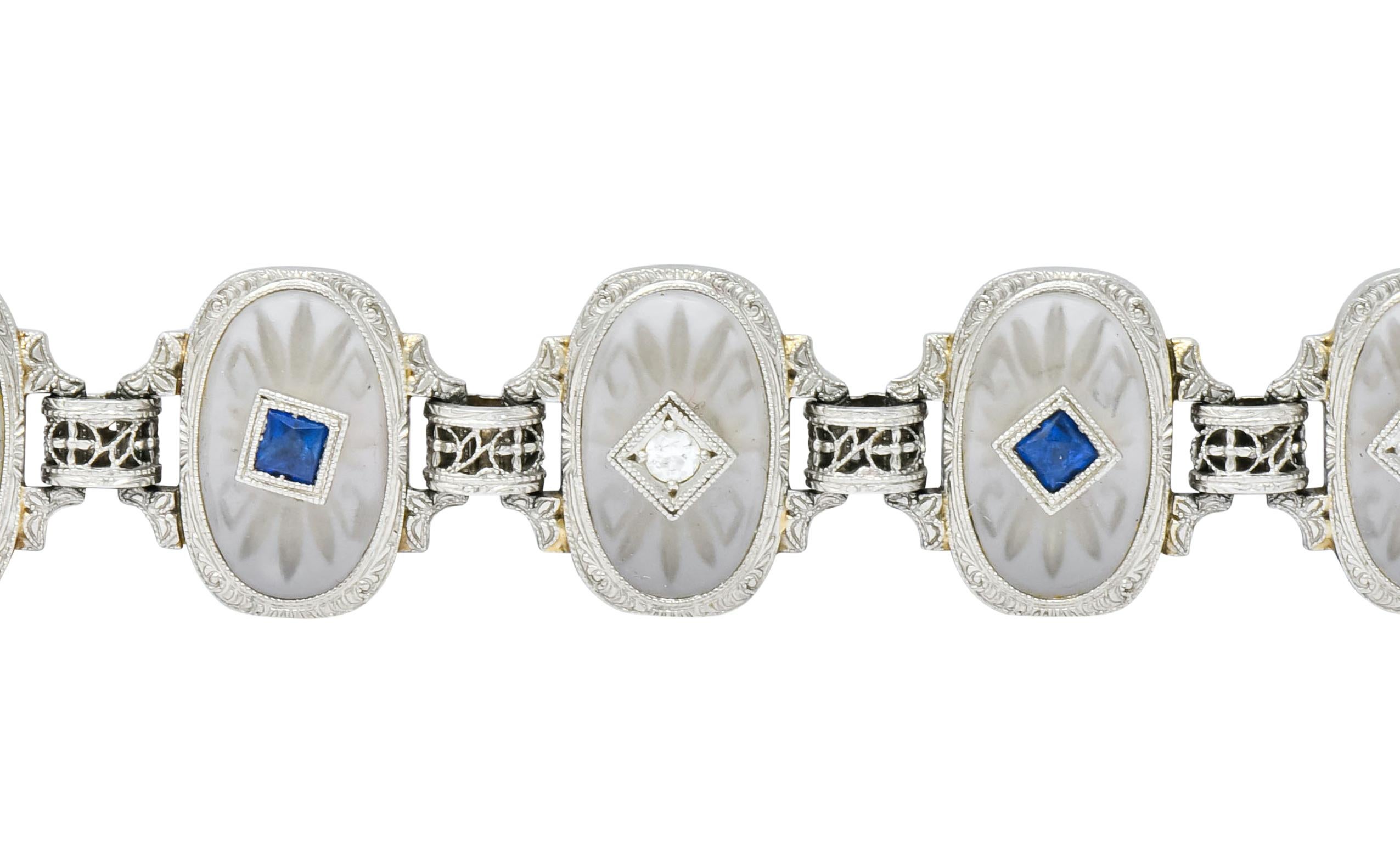 French Cut Edwardian Camphor Glass Diamond Sapphire 14 Karat White Gold Link Bracelet