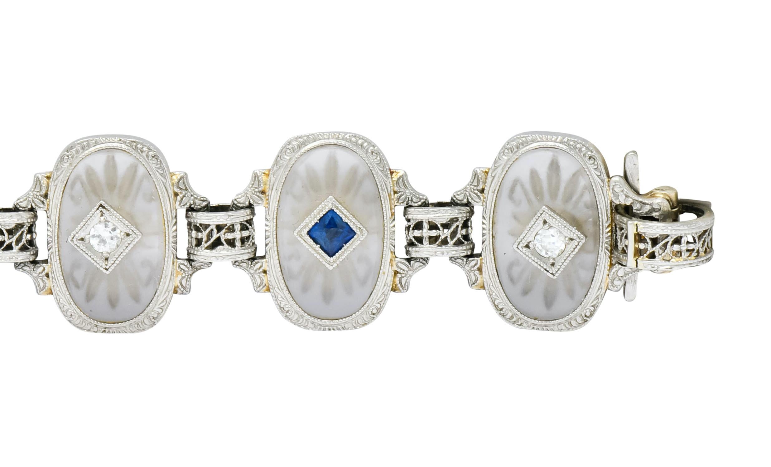 Edwardian Camphor Glass Diamond Sapphire 14 Karat White Gold Link Bracelet In Excellent Condition In Philadelphia, PA