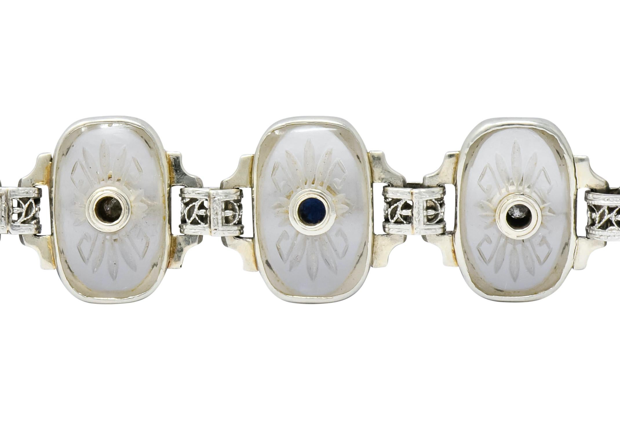 Women's or Men's Edwardian Camphor Glass Diamond Sapphire 14 Karat White Gold Link Bracelet