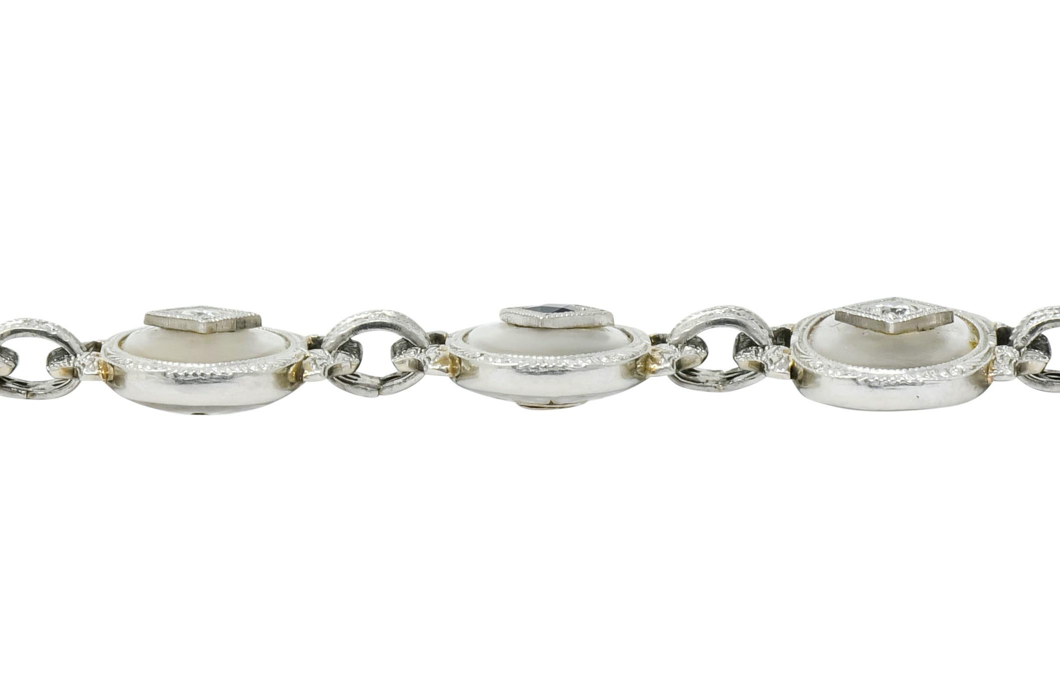 Edwardian Camphor Glass Diamond Sapphire 14 Karat White Gold Link Bracelet 1