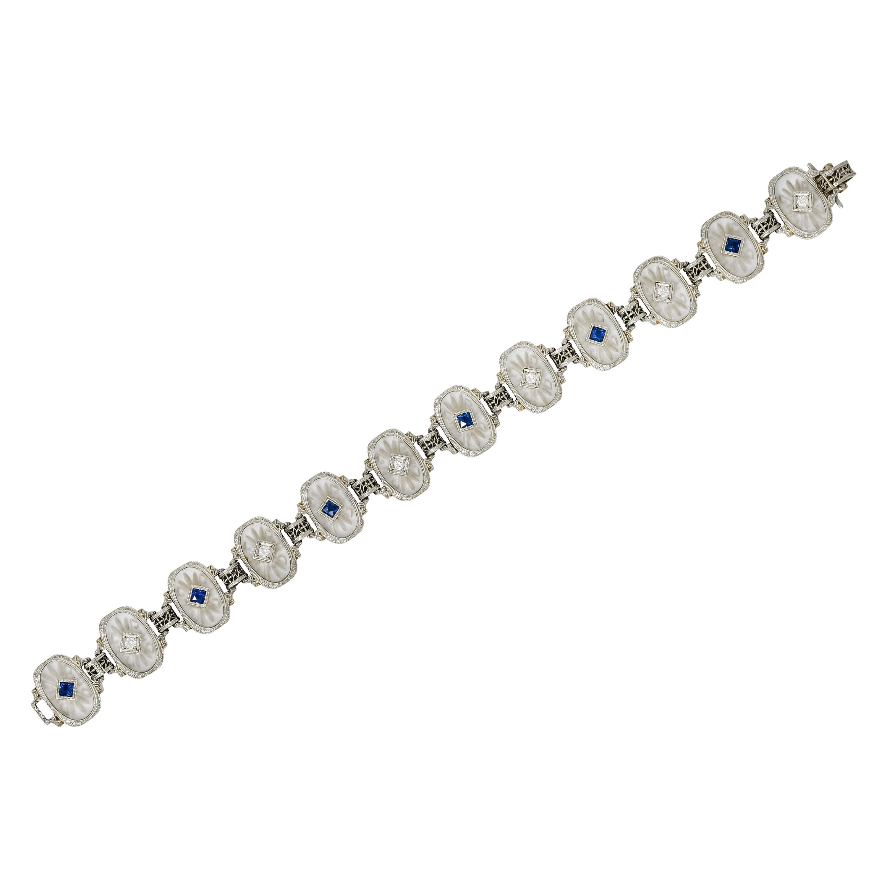 Edwardian Camphor Glass Diamond Sapphire 14 Karat White Gold Link Bracelet