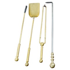 Edwardian Cannonball Polished Brass and Steel Fire Tools Set