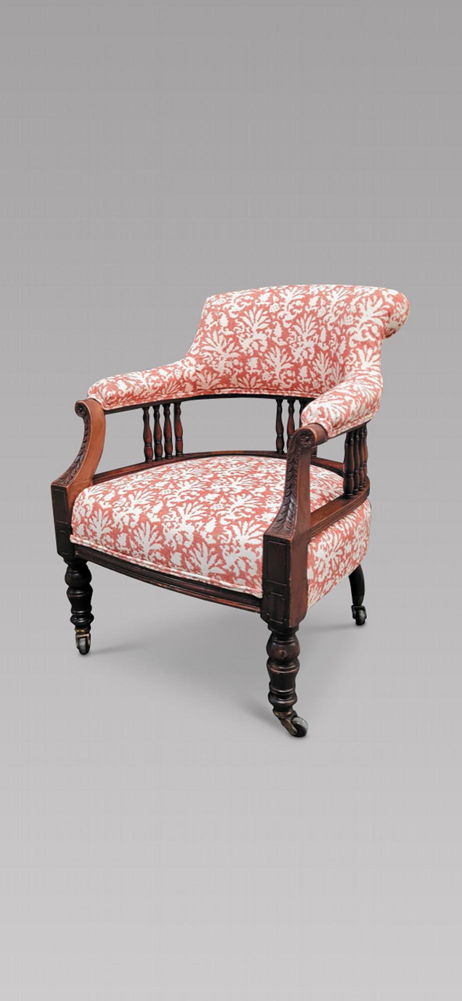 Refurbished Edwardian Captain’s Tub chair re-upholstered with Fermoie Aylsham fabric in red (206 colour family). With a Seat Height of 38 cm.