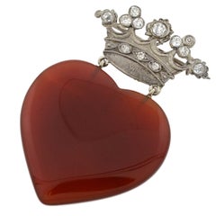 Edwardian Carved Carnelian Heart and Diamond Crown Pin Pendant