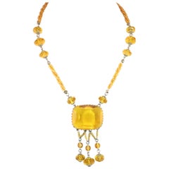Antique Edwardian Carved Citrine Crystal Necklace, Circa 1910