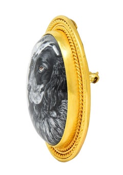 Edwardian Carved Essex Crystal 18K Gold Painted Cameo Antique Dog Pendant Brooch