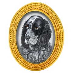 Edwardian Carved Essex Crystal 18K Gold Painted Cameo Antique Dog Pendant Brooch