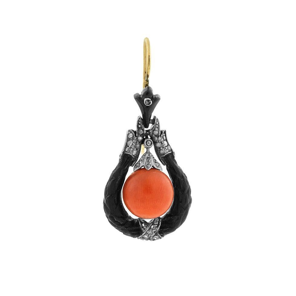 Rose Cut Edwardian Carved Jet, Diamond and Natural Coral Earrings