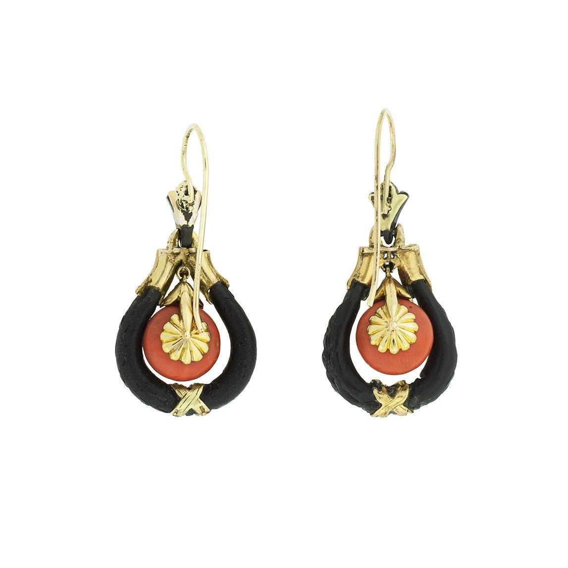 Women's Edwardian Carved Jet, Diamond and Natural Coral Earrings