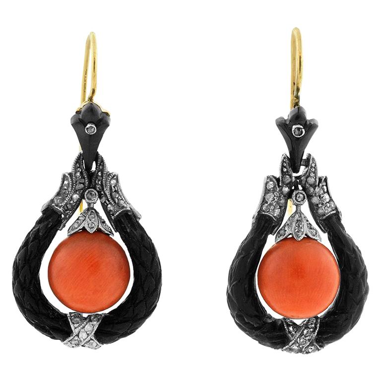 Edwardian Carved Jet, Diamond and Natural Coral Earrings