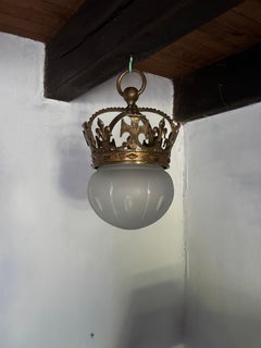 Edwardian Cast Bronze And Etched Glass Globe Coronet Ceiling Lantern