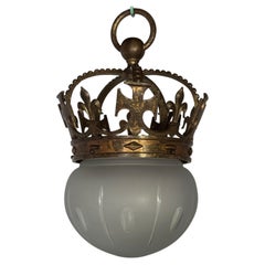 Edwardian Cast Bronze And Etched Glass Globe Coronet Ceiling Lantern