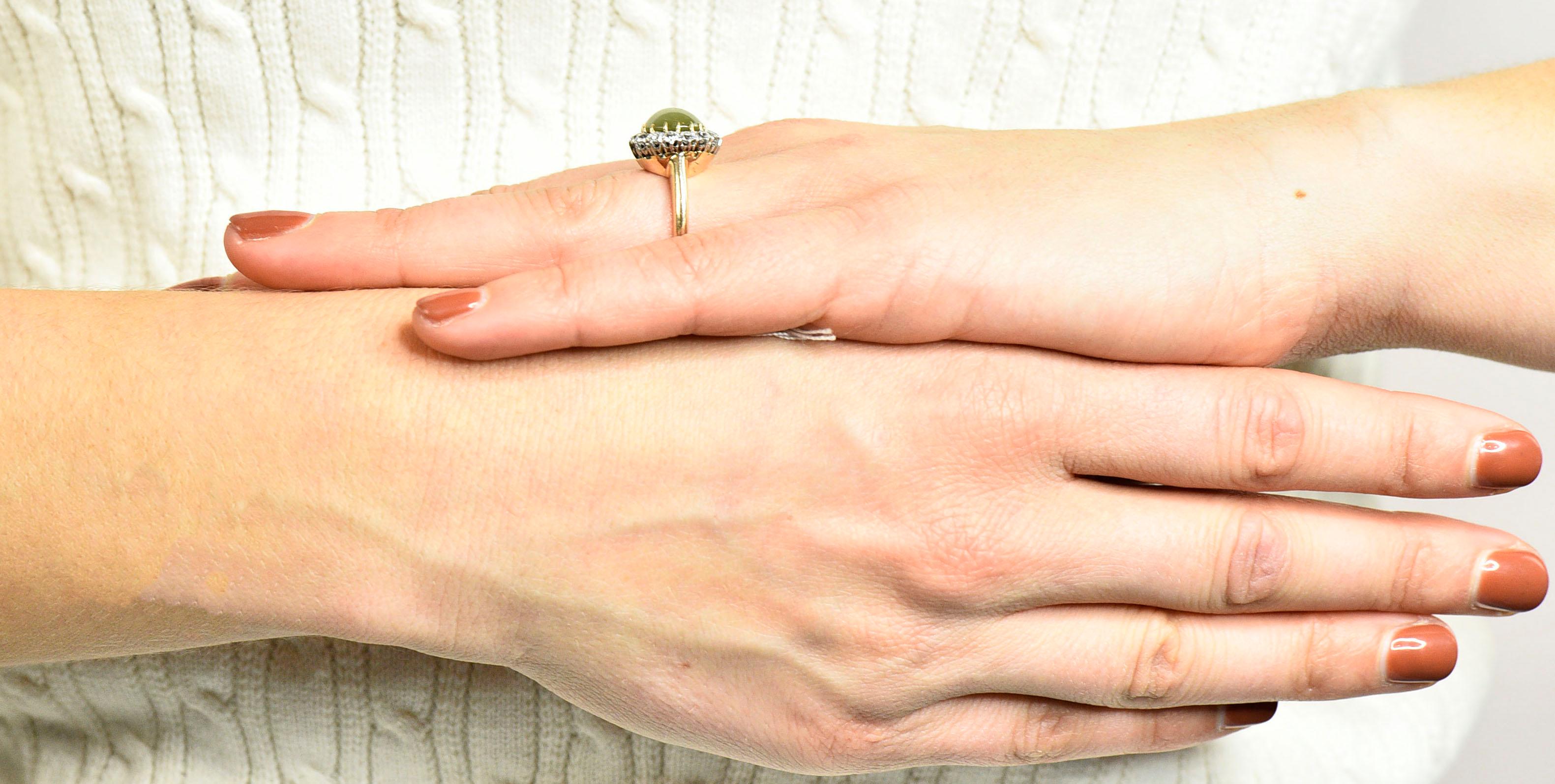 Edwardian Cat's Eye Chrysoberyl Diamond Platinum Cluster Ring 4