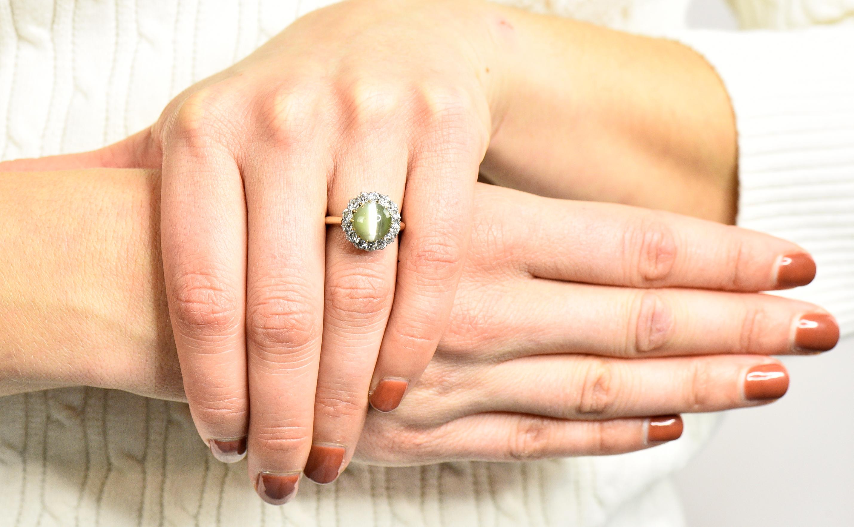 Platin-Cluster-Ring mit Katzenauge und Chrysoberyll und Diamant im viktorianischen Stil 7
