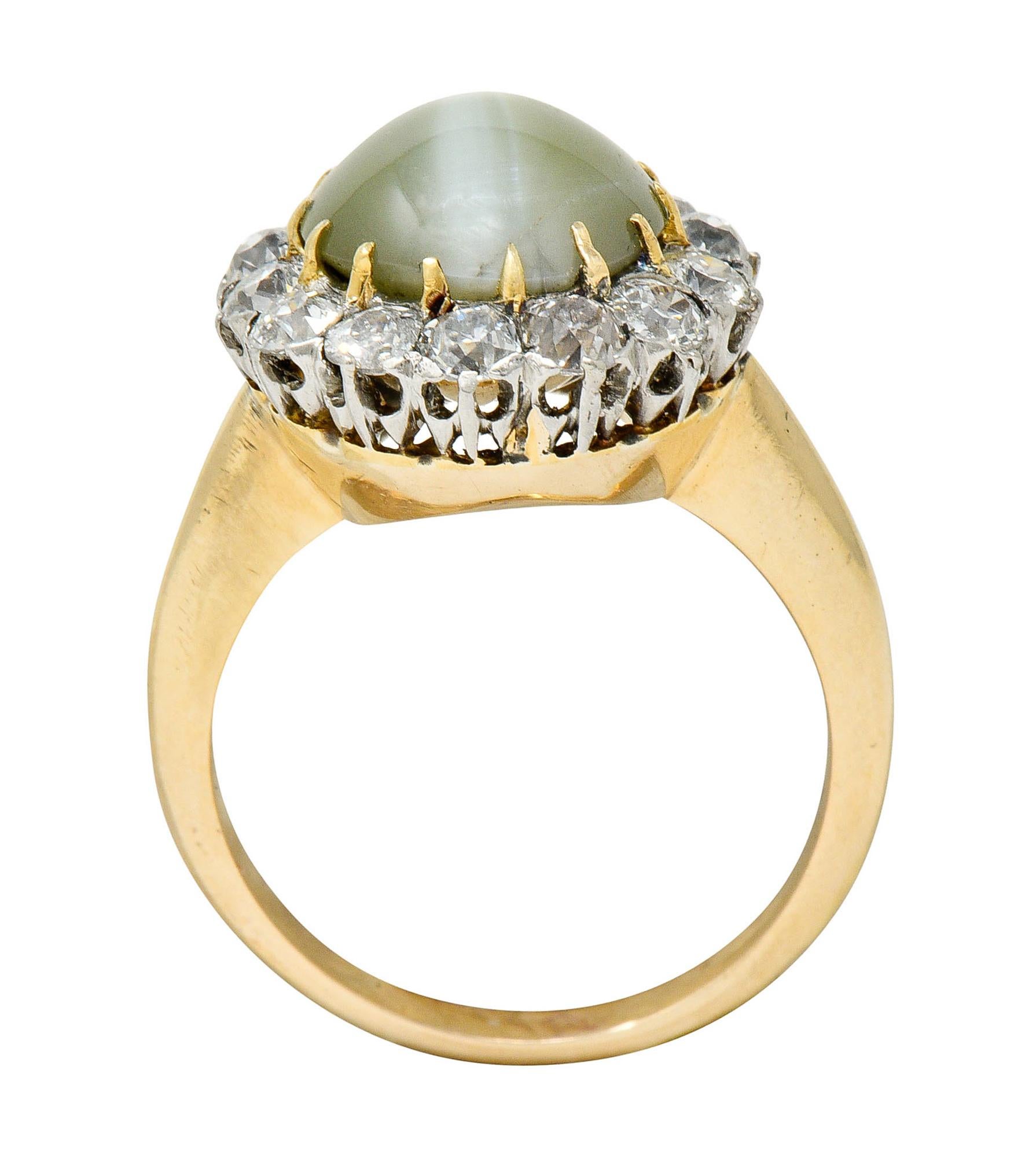 Edwardian Cat's Eye Chrysoberyl Diamond Platinum Cluster Ring In Excellent Condition In Philadelphia, PA