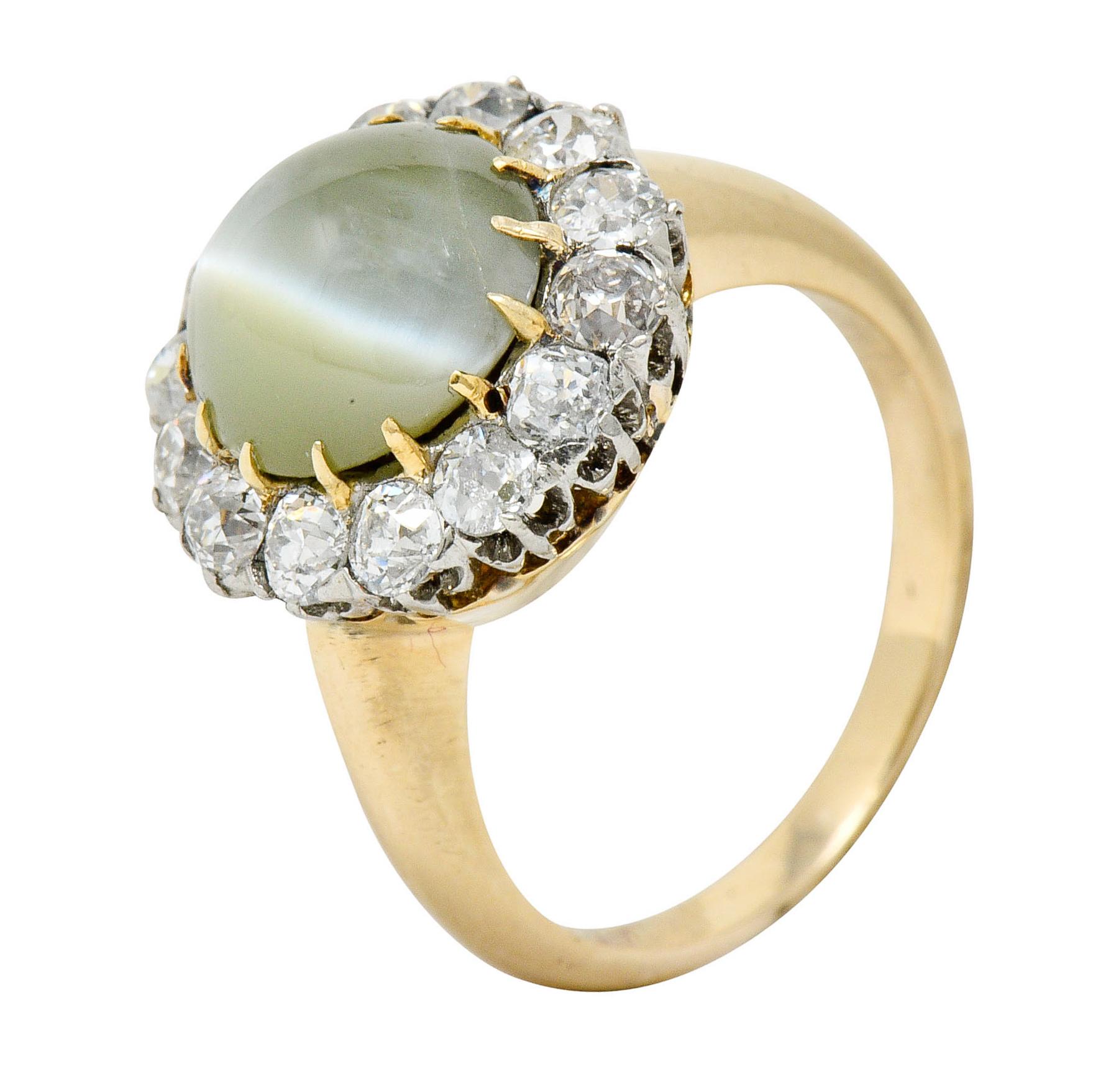 Women's or Men's Edwardian Cat's Eye Chrysoberyl Diamond Platinum Cluster Ring