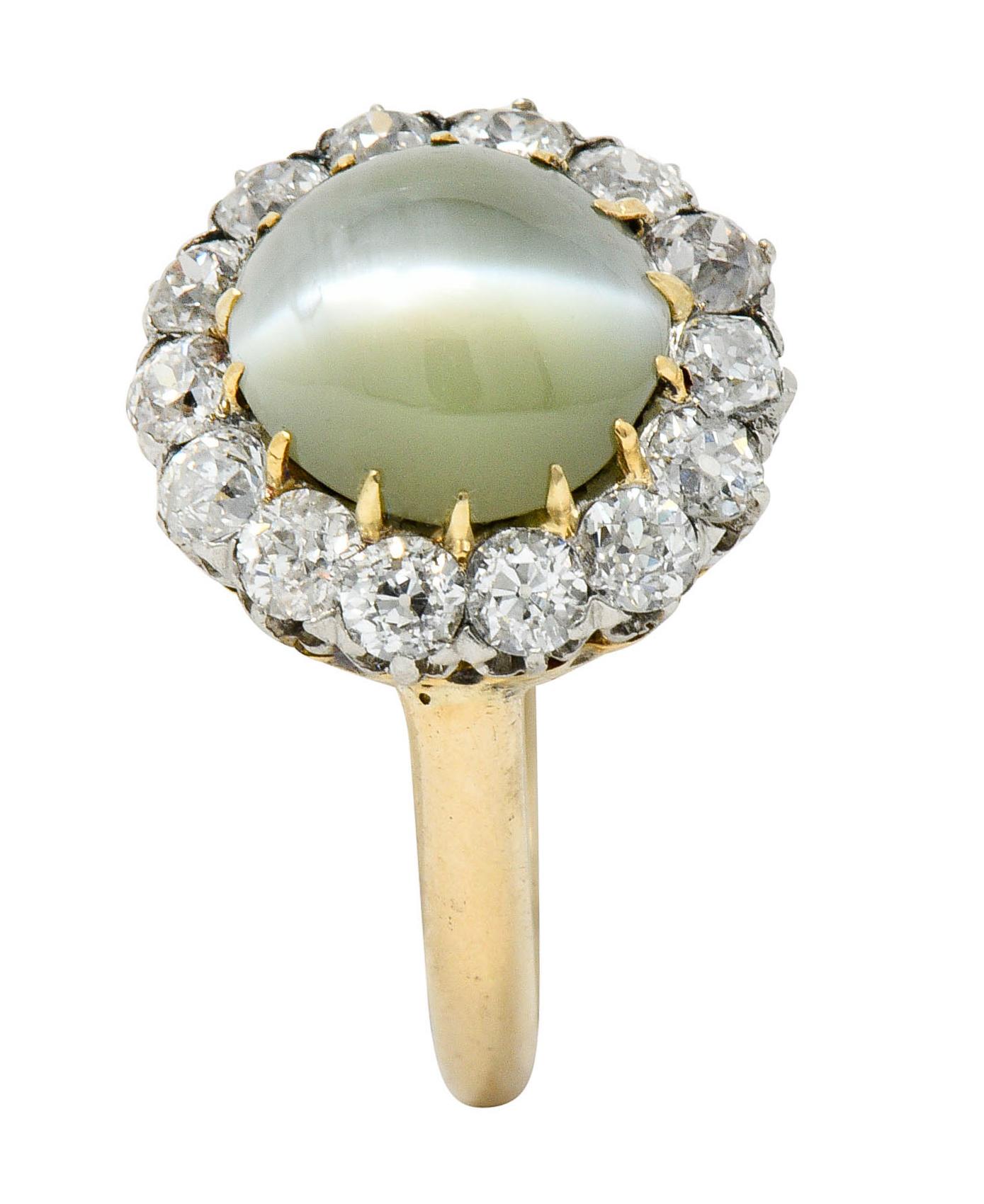 Edwardian Cat's Eye Chrysoberyl Diamond Platinum Cluster Ring 1