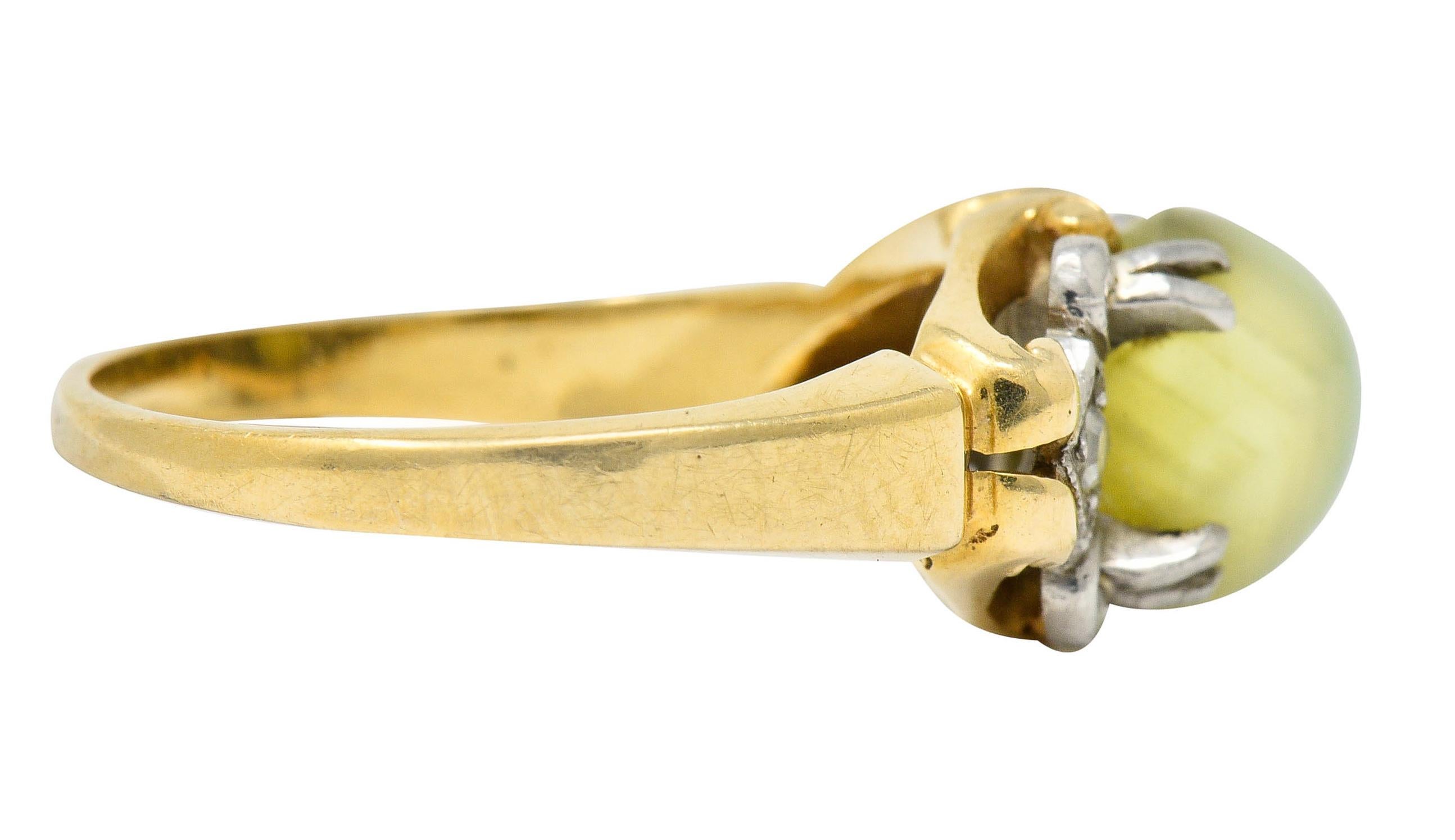 Edwardian Cat's Eye Chrysoberyl Diamond Platinum-Topped 14 Karat Gold Ring In Excellent Condition In Philadelphia, PA
