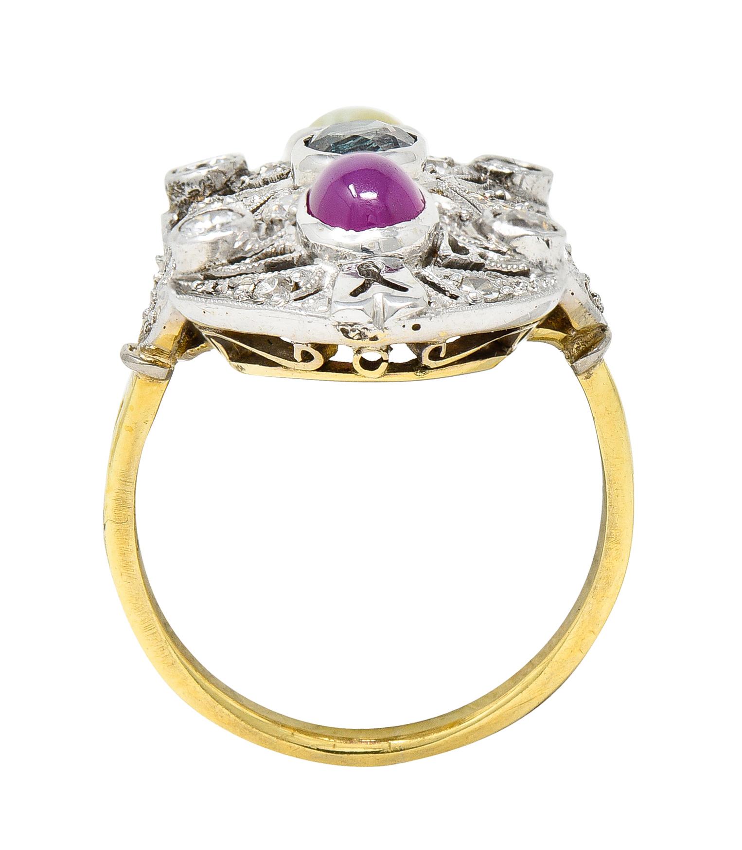 Edwardian Cat's Eye Chrysoberyl Star Ruby Alexandrite Diamond Platinum Gold Ring 3