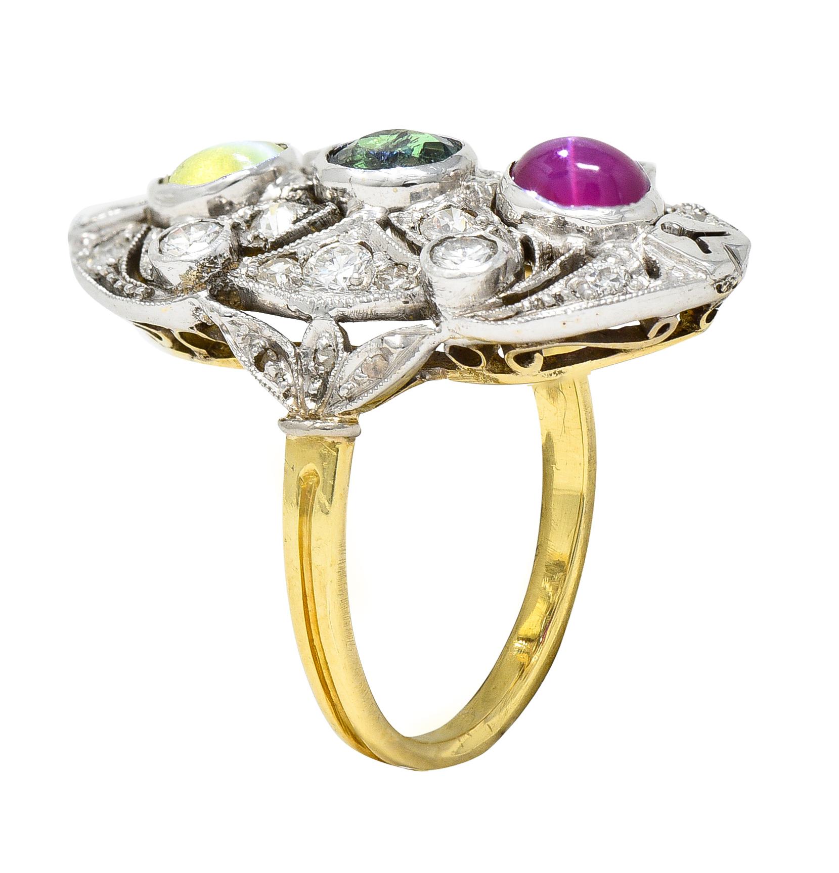 Edwardian Cat's Eye Chrysoberyl Star Ruby Alexandrite Diamond Platinum Gold Ring 4