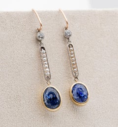 Edwardian Cert. 5.29 Ct No Heat Ceylon Sapphire Diamond Pearl Rare Drop Earring