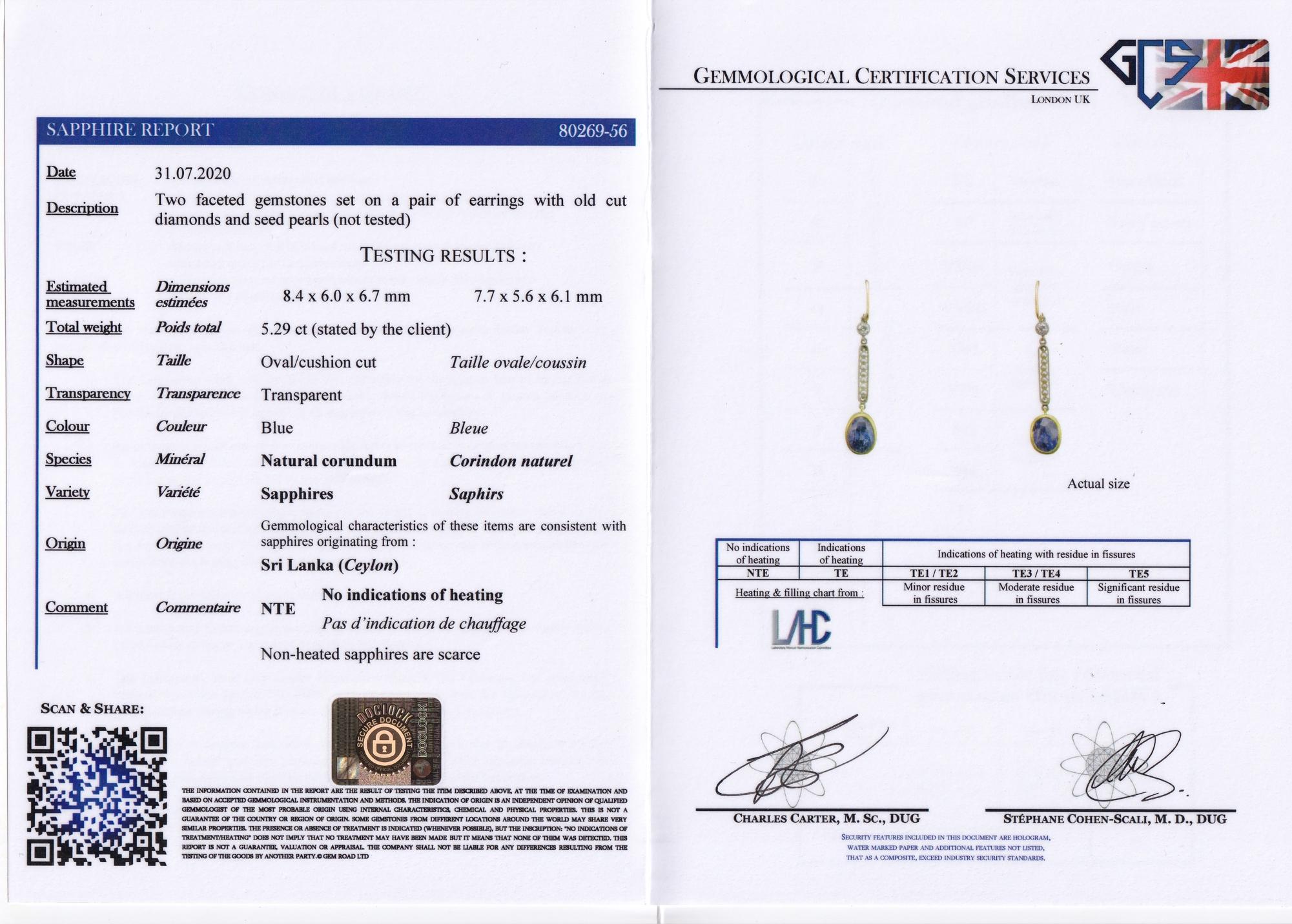 Women's or Men's Edwardian Cert. 5.29 Ct No Heat Ceylon Sapphire Diamond Pearl Rare Drop Earring For Sale