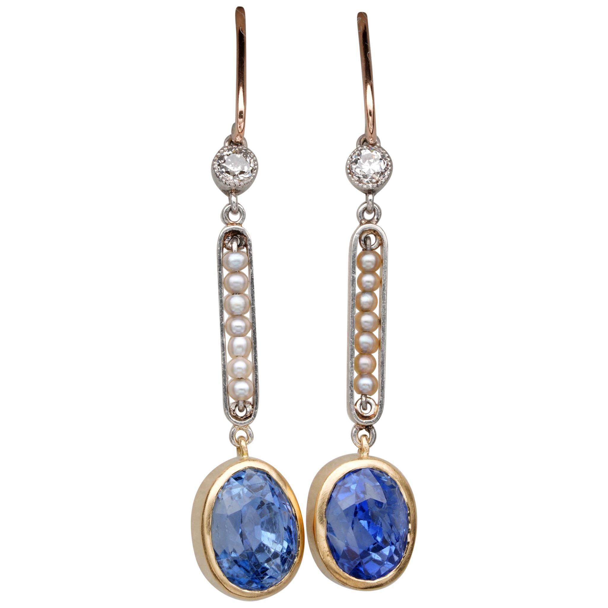Edwardian Cert. 5.29 Ct No Heat Ceylon Sapphire Diamond Pearl Rare Drop Earring For Sale