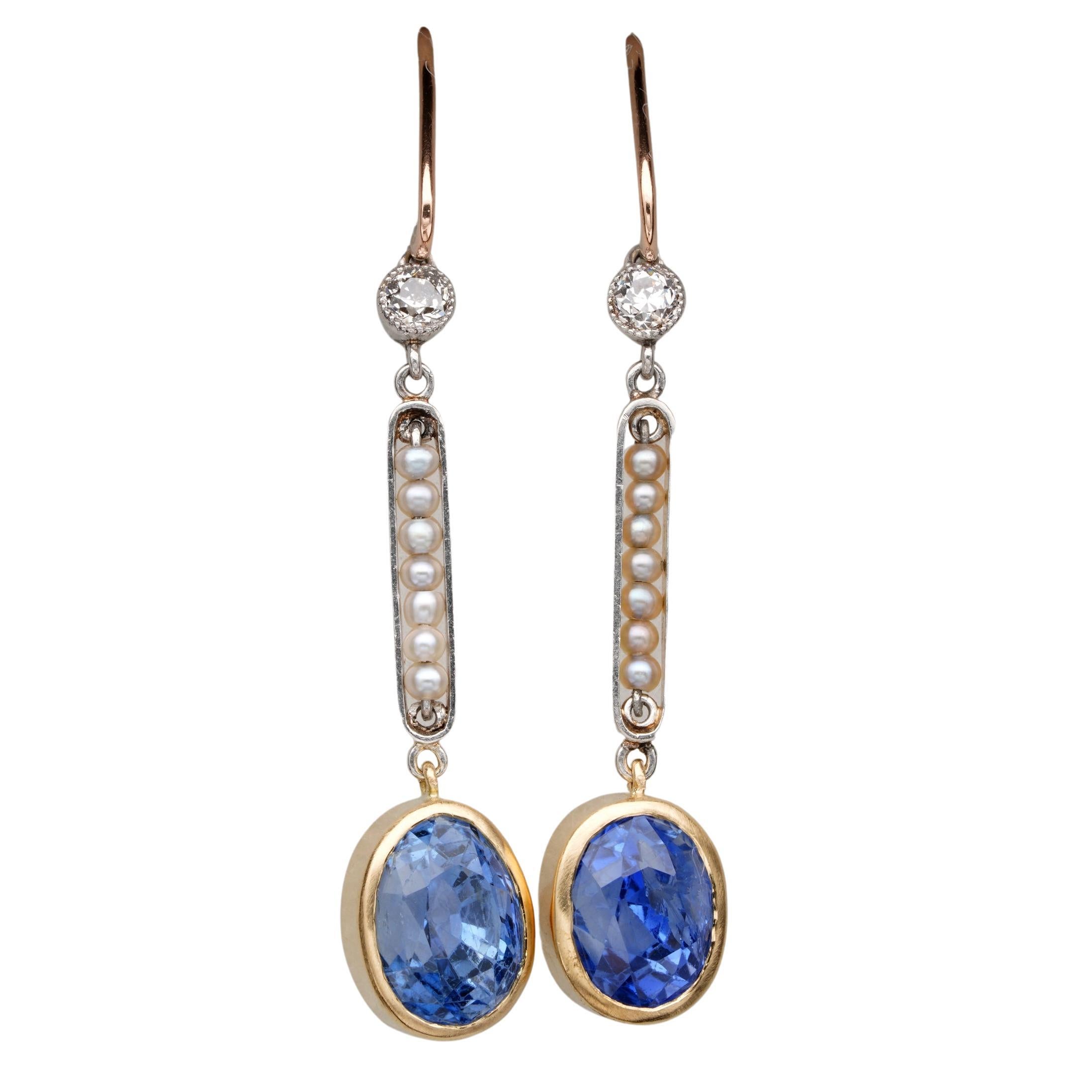 Edwardian Cert. 5.29 Ct No Heat Ceylon Sapphire Diamond Pearl Rare Drop Earring For Sale