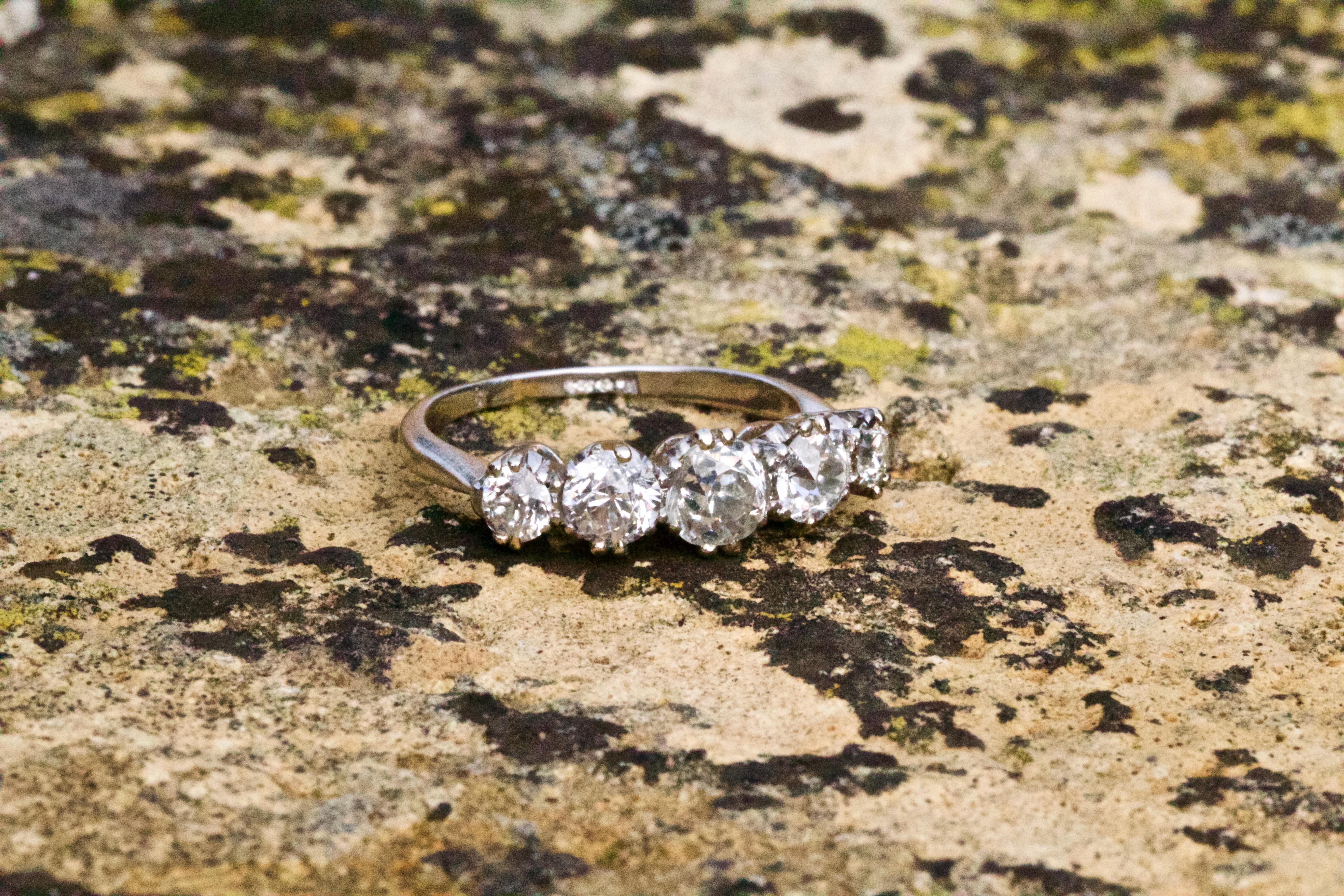 Old European Cut Edwardian Certified 1.5 Carat Diamond Platinum Five-Stone Ring